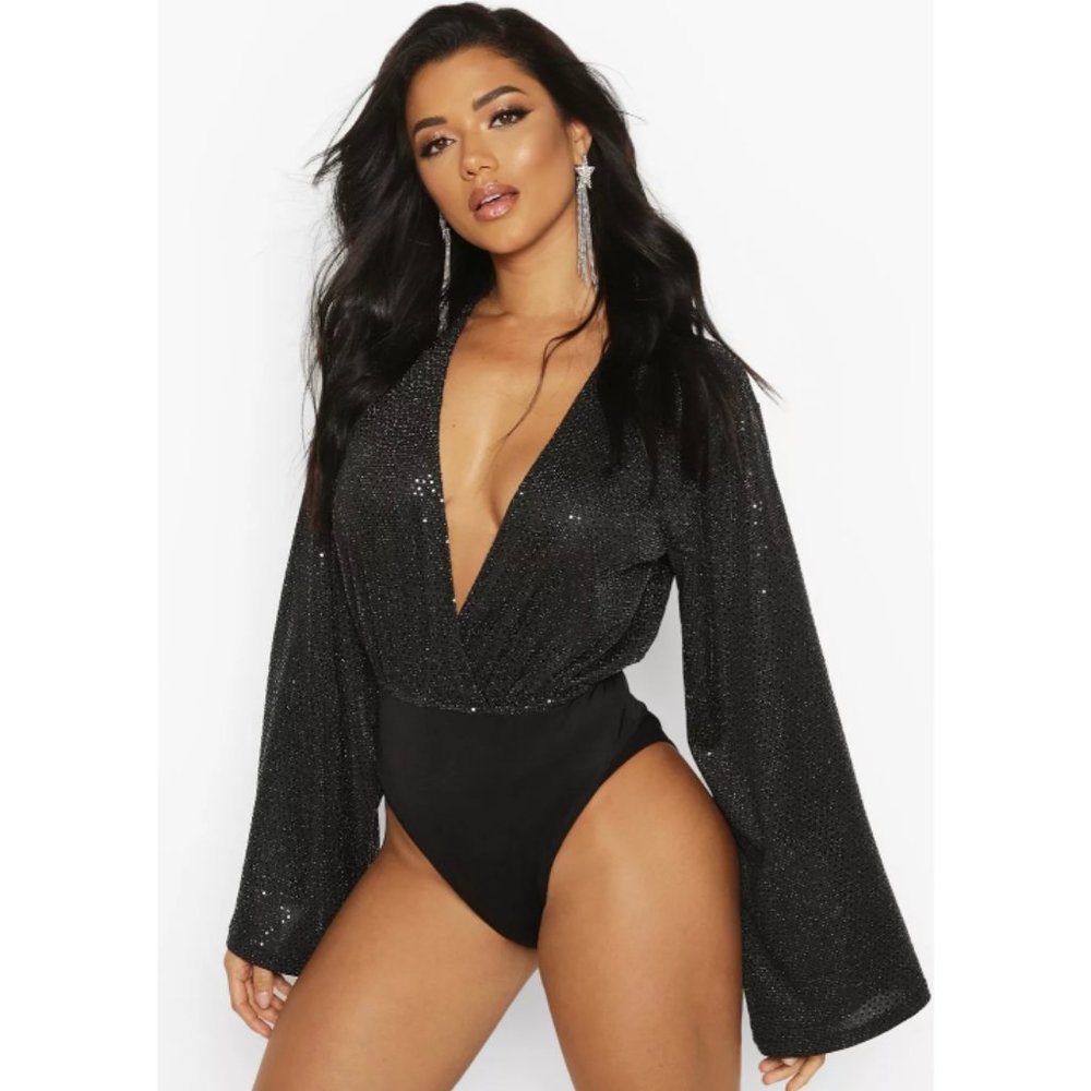 NWT GLITTERY V NECK PLUNGE BLACK BODYSUIT